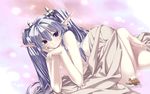  2010 agarest_senki agarest_senki_(series) barefoot blanket colored_eyelashes company_name copyright_name dutch_angle full_body fyuria_(agarest_senki) hair_ornament hairpin head_rest highres hirano_katsuyuki long_hair long_pointy_ears lying nude official_art on_side pale_skin pink_background pointy_ears purple_eyes silver_hair smile solo twintails wallpaper 