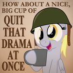  absurd_res blonde_hair cup derp derp_eyes derpy_hooves_(mlp) english_text equine female friendship_is_magic hair helmet hi_res horse mammal my_little_pony open_mouth pegasus pony poster smile solo text the_truth wings yellow_eyes zutheskunk 