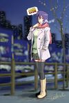  black_legwear boots ghost_in_the_shell hand_in_pocket knee_boots kusanagi_motoko purple_hair red_eyes scarf short_hair shorts solo thighhighs uchiyan-uchizum winter_clothes 