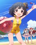  :d ahoge aircraft airplane beach black_hair blush brown_eyes brown_hair cloud day flower food_print hair_flower hair_ornament hakozaki_serika idolmaster idolmaster_million_live! long_hair multiple_girls nakatani_iku nonohara_akane ocean official_art one-piece_swimsuit oogami_tamaki open_mouth outdoors short_hair sky smile swimsuit twintails watermelon_print 