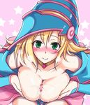  1girl bare_shoulders blonde_hair blush blush_stickers breast_hold breasts breasts_outside breath choker cum cum_on_body cum_on_breasts cum_on_upper_body dark_magician_girl detached_sleeves duel_monster green_eyes hat hetero large_breasts long_hair long_sleeves mitsugi paizuri penis pink_background solo_focus sweat wizard_hat yuu-gi-ou yuu-gi-ou_duel_monsters 