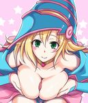  1girl bare_shoulders blonde_hair blush blush_stickers breast_hold breasts breasts_outside choker dark_magician_girl detached_sleeves duel_monster green_eyes hat hetero large_breasts long_hair long_sleeves mitsugi paizuri penis pink_background solo_focus wizard_hat yuu-gi-ou yuu-gi-ou_duel_monsters 