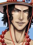  1boy angie brown_eyes brown_hair freckles hat jewelry male male_focus necklace ocean one_piece outdoors pirate portgas_d_ace smirk solo stampede_string 