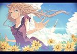  aircraft blue_eyes brown_hair clouds dress flowers long_hair original shimashima summer 
