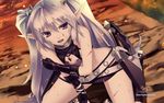  2010 agarest_senki agarest_senki_(series) angry arm_grab belt blood company_name copyright_name fingerless_gloves fyuria_(agarest_senki) gem gloves highres hirano_katsuyuki injury kneeling long_hair loose_belt microskirt midriff official_art pale_skin pointy_ears purple_eyes silver_hair skirt solo sweat twintails 