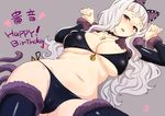  animal_ears belly bikini black_legwear breasts cameltoe cat_ears cleavage fangs grey_background happy_birthday heart idolmaster idolmaster_(classic) jewelry large_breasts long_hair looking_at_viewer lying necklace nekoi_mie on_back paw_pose pink_eyes plump shijou_takane side-tie_bikini silver_hair simple_background solo swimsuit thighhighs 