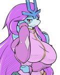  anthrofied big_breasts blue_body blush breasts clothing day-t elbow_gloves eyebrows female gloves hair legendary_pok&#233;mon legendary_pok&eacute;mon long_hair looking_at_viewer nintendo pink_hair plain_background pok&#233;mon pok&eacute;mon red_eyes solo suicune teeth video_games white_background 