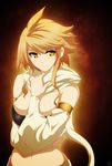  absurdres akame_ga_kill! blonde_hair breasts cleavage derivative_work detached_sleeves highres large_breasts leone midriff navel scarf short_hair solo strapless tubetop von-cx yellow_eyes 