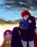  2girls 74 :d blush cape carrying cloak closed_eyes fa facial_mark fire_emblem fire_emblem:_fuuin_no_tsurugi forehead_mark headband hood hooded_cloak idoun mamkute multiple_girls open_mouth pointy_ears princess_carry purple_hair red_hair robe roy_(fire_emblem) short_hair smile 