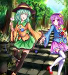  ^_^ bad_id bad_pixiv_id black_legwear blush closed_eyes eyeball flower forest green_hair hairband hat hat_ribbon heart heart_of_string highres komeiji_koishi komeiji_satori long_sleeves multiple_girls nature open_mouth pink_flower pink_rose pink_skirt purple_eyes purple_hair red_flower red_rose ribbon road rose short_hair siblings sisters skirt smile stairs stone_lantern thighhighs third_eye touhou tree vivian_(lancerhd) white_legwear wide_sleeves 