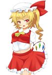  ascot blonde_hair blush breasts fang flandre_scarlet hat highres himenomikan midriff navel open_mouth red_eyes short_hair side_ponytail simple_background skirt skirt_set small_breasts smile solo touhou white_background wings 