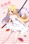  aurora_rokudo bakemonogatari bare_shoulders blonde_hair blush breasts cleavage doughnut dress food highres horizontal-striped_background katana kokorowatari long_hair monogatari_(series) oshino_shinobu small_breasts smile solo strap_slip striped striped_background sword weapon yellow_eyes 