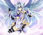  android arm_blade bare_shoulders blade blue_hair boots elbow_gloves gloves high_heels kos-mos kos-mos_ver._4 long_hair pote_(crown) red_eyes shoes solo thighhighs weapon xenosaga xenosaga_episode_iii 