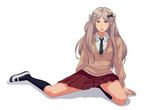  axis_powers_hetalia belarus_(hetalia) black_legwear blonde_hair blue_eyes braid full_body hair_ornament hair_ribbon ishizaki_miwako kneehighs light_brown_hair long_hair miniskirt necktie pleated_skirt ribbon school_uniform shoes simple_background sitting skirt socks solo sweater uwabaki 