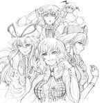  adjusting_hair ascot breasts chihiro_(kemonomichi) closed_fan fan folding_fan greyscale grin hat head_wings kazami_yuuka koakuma large_breasts mizuhashi_parsee monochrome multiple_girls pill plaid plaid_vest pointy_ears pose smile smirk touhou vest yagokoro_eirin yakumo_yukari 