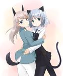  animal_ears black_legwear blue_eyes cat_ears eila_ilmatar_juutilainen green_eyes hug multiple_girls nishikawa_ari pantyhose sanya_v_litvyak strike_witches white_legwear world_witches_series 