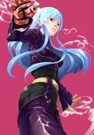  bad_id bad_pixiv_id bangs baro belt blue_hair gloves jacket kula_diamond long_hair pink_background pink_eyes solo the_king_of_fighters thighhighs 