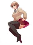  axis_powers_hetalia black_legwear blue_eyes brown_hair feet garter_straps hair_ornament hairband hairclip headband ishizaki_miwako legs light_brown_hair miniskirt no_shoes pleated_skirt school_uniform short_hair simple_background skirt solo sweater thighhighs ukraine_(hetalia) white_hairband x_hair_ornament 