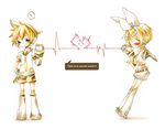  1girl ? akisame_kou bad_id bad_pixiv_id blonde_hair blue_eyes blush brother_and_sister chibi detached_sleeves english hair_ornament hairclip headphones heart kagamine_len kagamine_rin necktie ribbon siblings string_phone twins vocaloid 