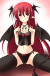  black_legwear bra demon_tail gisyo head_wings koakuma lingerie long_hair panties pointy_ears red_hair solo tail thighhighs touhou underwear underwear_only wings 