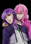  1girl bad_id bad_pixiv_id celestial_being_uniform feldt_grace green_eyes gundam gundam_00 jacket lipstick makeup pink_hair ponytail purple_hair red_eyes short_hair ta_ko tieria_erde 