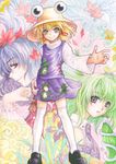  blonde_hair blue_hair detached_sleeves frog green_hair hat kochiya_sanae leaf long_hair moriya_suwako multiple_girls sagami short_hair thighhighs touhou traditional_media yasaka_kanako 