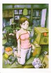  abe_yoshitoshi bare_shoulders box brown_eyes brown_hair cardboard_box cigarette copyright_request cup game_console kneeling mug non-web_source short_hair solo strap_slip super_famicom table tatami 