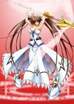  aoiba_takato bad_id bad_pixiv_id bare_shoulders breasts brown_hair cleavage large_breasts long_hair lyrical_nanoha magic_circle magical_girl mahou_shoujo_lyrical_nanoha_strikers octagram purple_eyes raising_heart red_background shoes solo star_of_lakshmi takamachi_nanoha twintails very_long_hair winged_shoes wings 