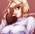  arcueid_brunestud blonde_hair breasts chocolate covered_nipples gift heart holding holding_gift incoming_gift izumi_(sachikara) large_breasts red_eyes short_hair solo sweater tsukihime turtleneck valentine 