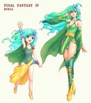  age_comparison aqua_hair armpits bad_id bad_pixiv_id blue_eyes boots breasts cape character_name child cleavage copyright_name dual_persona final_fantasy final_fantasy_iv flat_chest green_legwear green_leotard hair_ornament high_heels leotard long_hair medium_breasts multiple_girls rydia sarong satoshi_(artist) shoes time_paradox yellow_footwear yellow_sarong younger 