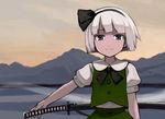  bangs black_hairband blunt_bangs bob_cut hairband katana konpaku_youmu landscape ribbon sheath sheathed short_hair smile solo sword touhou weapon white_hair yu_65026 