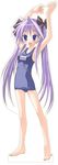  absurdres arms_up barefoot blue_eyes cutout error feet highres hiiragi_kagami long_hair lucky_star mima_chi name_tag one-piece_swimsuit purple_hair school_swimsuit solo swimsuit twintails very_long_hair 