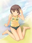  aihara_kaichi barefoot beach bikini brown_eyes brown_hair day feet from_above kimi_kiss legs looking_up ocean outdoors satonaka_narumi short_hair sitting solo swimsuit wariza wet wet_clothes 