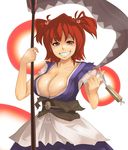  artist_request breasts cleavage grin highres large_breasts onozuka_komachi open_clothes red_hair smile solo touhou two_side_up 