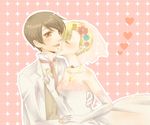  1girl blonde_hair blush bride closed_eyes dress elbow_gloves flower formal gloves gundam gundam_00 jewelry kiss louise_halevy necklace saji_crossroad sb_ryo0528 short_hair suit wedding wedding_dress 