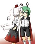  androgynous animal_ears antennae blush cape detached_sleeves green_eyes green_hair hat heart inubashiri_momiji kiss multiple_girls ragai_(moins666) reverse_trap short_hair simple_background tail tail_wagging tokin_hat touhou white_hair wolf_ears wolf_tail wriggle_nightbug yuri 