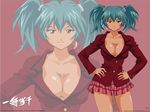  ahoge aqua_eyes aqua_hair bangs blazer breasts buttons cleavage closed_mouth collarbone copyright_name cowboy_shot dated earrings hair_between_eyes hair_tie hands_on_hips hasegawa_shin'ya highres hips ikkitousen jacket jewelry jpeg_artifacts large_breasts light_smile logo long_sleeves looking_at_viewer magatama magatama_earrings medium_breasts miniskirt no_bra official_art pink_background pink_skirt pleated_skirt pocket red_jacket ryofu_housen school_uniform shiny shiny_hair shiny_skin short_hair short_twintails signature simple_background single_earring skirt smile solo standing tan twintails wallpaper watermark zoom_layer 