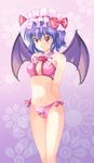  arms_behind_back bad_id bad_pixiv_id bare_shoulders bat_wings bikini blue_hair breasts fang hat highres medium_breasts pico_(picollector79) red_eyes remilia_scarlet short_hair solo standing swimsuit touhou wings 