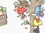  animal_ears bad_id bad_pixiv_id blonde_hair blue_hair brown_hair bucket cat_ears cat_tail chen chibi cirno climbing green_hair hat highres in_bucket in_container in_tree kisume multiple_girls rumia short_hair tail team_9 touhou tree wings wooden_bucket yosudon 