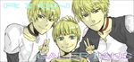  3boys aqua_eyes blonde_hair character_name copyright_name double_v galerians happy looking_at_viewer multiple_boys rion rion_(galerians) short_hair simple_background smile v white_background 
