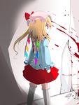  blonde_hair blood bow crystal demon_wings flandre_scarlet from_behind hat highres long_sleeves one_side_up oouso red_eyes red_skirt short_hair skirt socks solo standing thighhighs touhou white_legwear wings younger zettai_ryouiki 