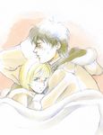  1girl alice_l_malvin blanket blonde_hair blue_eyes blush coat hood pumpkin_scissors randal_orlando short_hair sleeping sweat ume_(be_my_toy) 