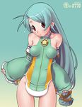  ahoge aqua_hair bare_shoulders breasts covered_nipples cowboy_shot detached_sleeves earrings eyebrows_visible_through_hair far-c gradient gradient_background green green_background green_hair head_tilt jewelry kei_jiei long_hair looking_at_viewer medium_breasts no_panties original red_eyes solo standing star very_long_hair wide_sleeves 