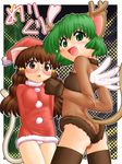  animal_ears arms_behind_back blush brown_eyes brown_hair cat_ears cat_tail fang flat_chest glasses green_eyes green_hair hase_yu hat horns long_hair merry_christmas multiple_girls nyano open_mouth original panties santa_hat short_hair smile tail thighhighs underwear white_panties wings 