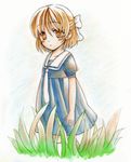  brown_eyes brown_hair child clannad dress grass kasen_yuyu okazaki_ushio sailor_dress short_hair solo 