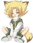  animal_ears arm_support b-daman backpack bag bakukyuu_hit!_crash_b-daman blonde_hair blush child fox_ears fox_tail kazami_karasu male_focus open_mouth shoes shorts signature sitting sketch sneakers socks solo spread_legs tail tsukino_konta turtleneck yellow_eyes 