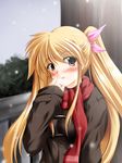  blonde_hair blush breath fate_testarossa long_hair lyrical_nanoha mahou_shoujo_lyrical_nanoha_strikers non-web_source red_eyes scarf snow solo twintails winter_clothes 