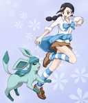  black_hair bow braid brown_eyes gen_4_pokemon glaceon gym_leader hair_ornament hairclip jacket kneehighs loose_socks multi-tied_hair ni-jo pokemon pokemon_(creature) pokemon_(game) pokemon_dppt ribbon skirt socks striped striped_legwear suzuna_(pokemon) twin_braids 