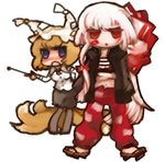  bad_id bad_pixiv_id blonde_hair blue_eyes chibi crossed_arms fox_tail fujiwara_no_mokou geta hair_ribbon hat jacket long_hair long_sleeves lowres midriff multiple_girls pants pillow_hat red_eyes ribbon ruto_(petatann) sarashi short_hair tail tassel touhou white_background white_hair yakumo_ran 