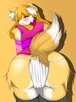  black_nose blush canine chest_tuft clothing female fox fur hair long_hair looking_at_viewer looking_back mammal open_mouth orange_eyes orange_hair plain_background solo tuft underwear white_fur yellow_fur yus-ts 